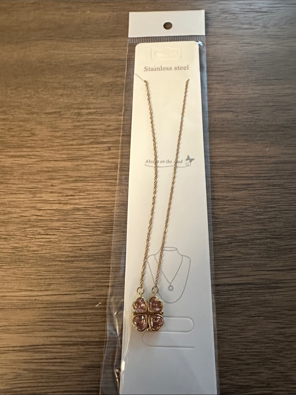 Women’s Stainless Steel Gold Necklace with Pink Four-Leaf Pendant